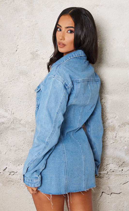 Chathu Petite Blue Denim Long Sleeve Fitted Mini Dress
