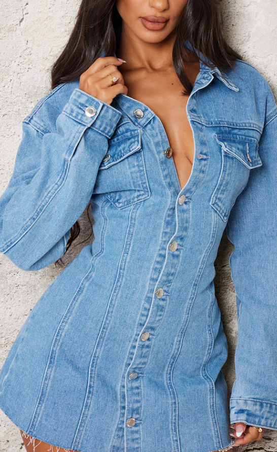 Chathu Petite Blue Denim Long Sleeve Fitted Mini Dress