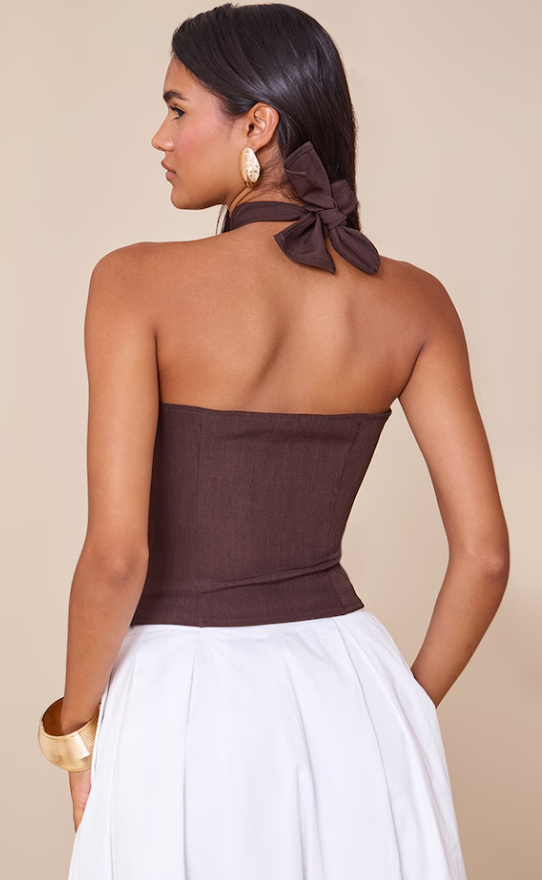 Chathu Dark Chocolate Bead Detail Woven Halterneck Top