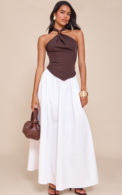 Chathu Dark Chocolate Bead Detail Woven Halterneck Top